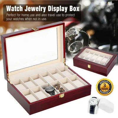 6/10/12 Grids Wooden Watch Display Case Watch Case Storage Box Jewelry Organizer • £22.99