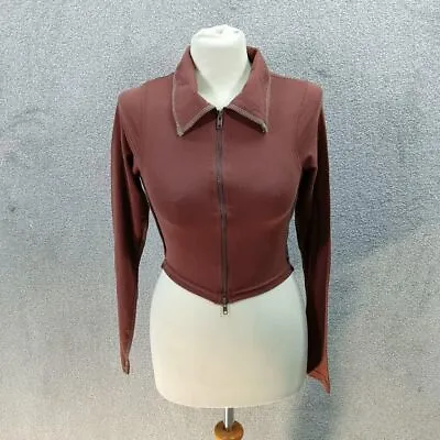 Plt Brown Cotton Crop Top Long Sleeve Collar Zip Front Stitch Y2k Uk 10 • £8.99