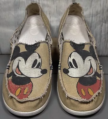 Crocs Mickey Mouse Melbourne Slip On Shoes Canvas Flats Tan Disney Womens Sz. 11 • $46
