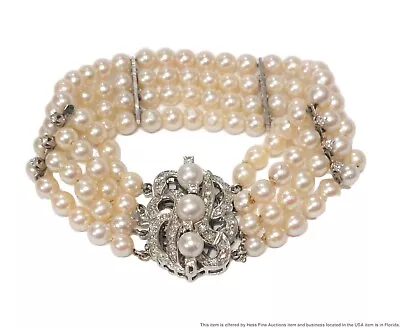 Vintage Cultured Pearl 1.5ctw Diamond 14k White Gold Multi Strand Bracelet 1950s • $395