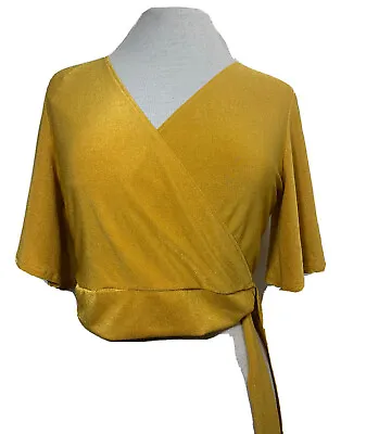 New Look Size 18 Top Wrap Front Top V-Neck Mustard Gold Bell Sleeves Cropped • £12