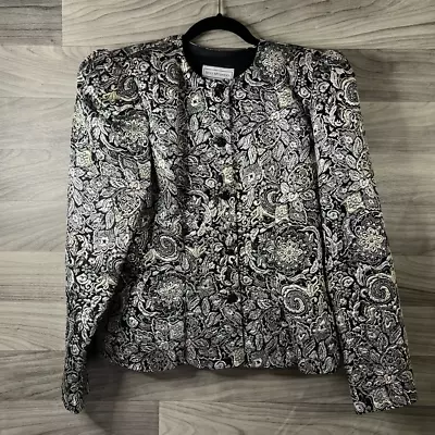 Scott McClintock Womens Evening Jacket Black Silver Damask Buttons Jacquard 12 • $22.94