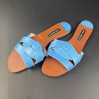 ZARA BASIC Collection Women’s Flat Crossed Leather Sandals Size 42 Blue Casual • $34