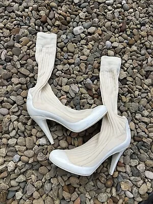 Chanel Paris CC White Beige Patent Leather Heels Sock Boots 39 UK 6 Italy • £199.99