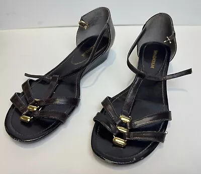 Enzo Angiolini Strappy Sandals Dark Brown Flat 1  Heel Gold Accents 8 M • $5