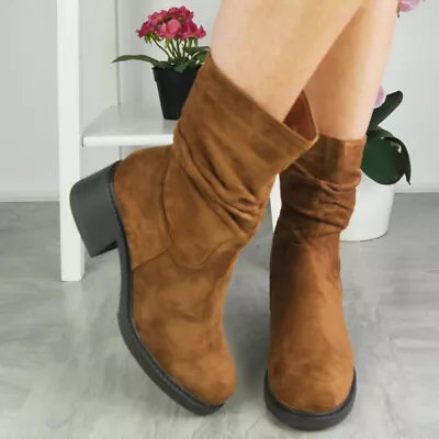 Boots Shoes Ladies Heels Rouched Zip Warm Lined Mid Calf Comfy Comfy Womens Siz • £22.90