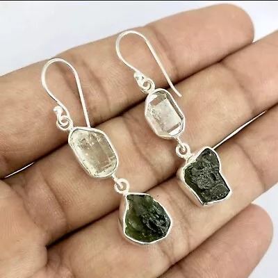 Czech Republic Moldavite 925 Sterling Silver Herkimer Diamond Gemstone Earrings • $26.99