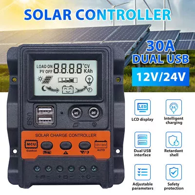 30A PWM Solar Charge Controller Panel Battery LCD Regulator Dual USB Port 24/12V • £13.47