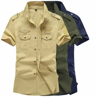 Military Mens Shirts Tactical Short Sleeve Bomber Shirts Army Casual Pilot Shirt • £19.19