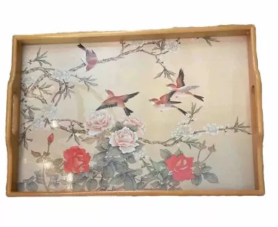 Vtg Birds/Florals Wood Framed Serving Tray 18”X 13” Retro 60’s • $30