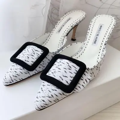 Manolo Blahnik Maysale Sandals Mules Size 38.5 White Black Hight Heel Unused • $899