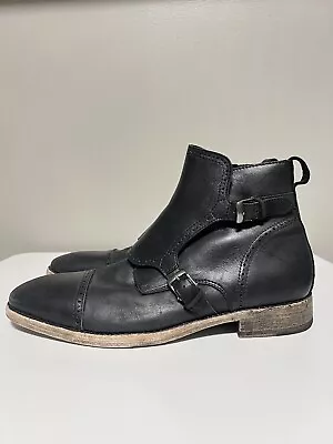 John Varvatos Side Zip Boots Black Leather Buckled Front Guard Men 11 USA RARE • $105.50