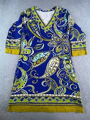 Barbara Gerwit Dress Womens Medium Blue Paisley Boho Long Sleeve V-Neck Cotton • $26.59