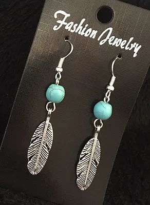 Stainless Steel Hooks Native American Turquoise Bead Feather Earrings Wings Luck • £6.95