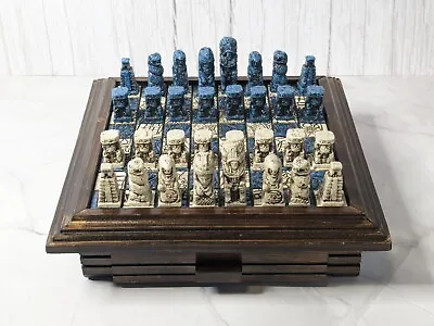 Vintage Mayan Hand-Carved Stone Chess Set-White &Blue Board Wood Pullout Drawers • $60