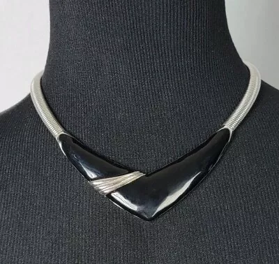 MONET Black Enamel Silver-Tone Snake Chain Geometric Collar Necklace Art Deco  • $20.39