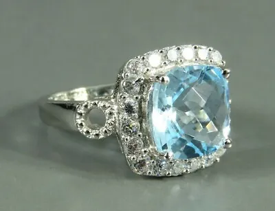 $9 • Buy New STERLING SILVER Gorgeous 6.5CT CUSHION BLUE TOPAZ Cocktail Ring CZ HALO 6.5