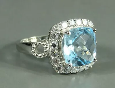 $9 • Buy New STERLING SILVER Gorgeous 6.5CT CUSHION BLUE TOPAZ Cocktail Ring CZ HALO 6.5