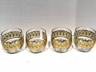 Vintage Set Of 4 Signed Culver  Roly Poly Glasses Green Scroll Mcm 8oz • $34.95