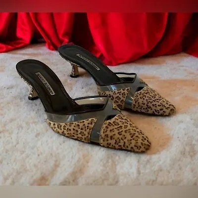 Manolo Blahnik Calf Hair Leopard Print Slide Kitten Heels Size 39.5 AUTHENTIC • $145