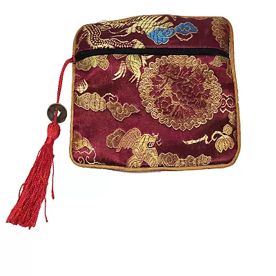 Red Silk Dragon Brocade Asian Embroidered Travel Jewelry Money Pouch Clutch Zip • $9.99