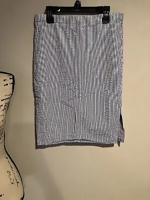 J.CREW Pencil BLUE & WHITE SEERSUCKER SKIRT - SIZE 0 Side Slits • $16.50