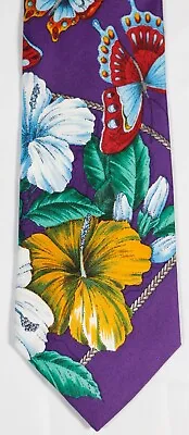 V2 X GIANNI VERSACE FLORALBUTTERFLIES IN PURPLEMULTI 57 X 3 3/4 SILK TIE EUC • $44.99