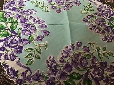 Vintage Round Aqua Purple Floral Hankie VGC • $12