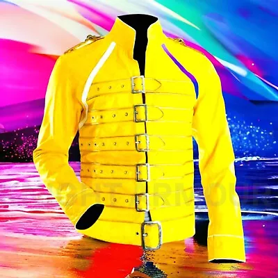 $150 • Buy Genuine Buffalo Leather Freddie Mercury Bohemian Yellow Rock Punk Style Jacket
