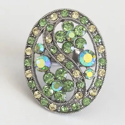 Large Sparkly Aurora Borealis AB Peridot Green Rhinestone Chunky Adjustable Ring • $24.99