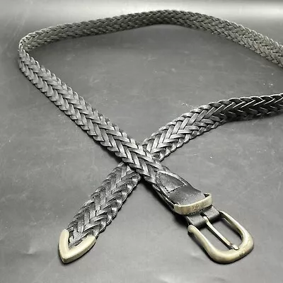 Black Braided Mens Belt Sz 46 Silver Tone Buckle & Tip 1 1/4” Wide Argentina • $12.99