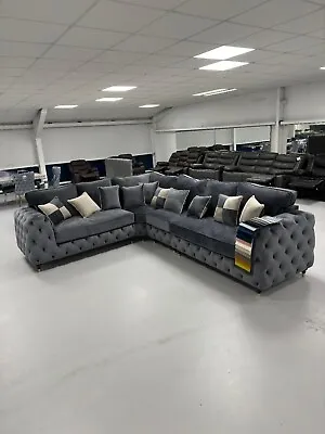 2c3 | Royale Chesterfield Full Back Corner Sofa Steel Plush Velvet  • £1749.99