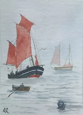 ACEO Original Watercolour Painting. Misty Day Sailing Barge Boats Tender Sea • £2.95