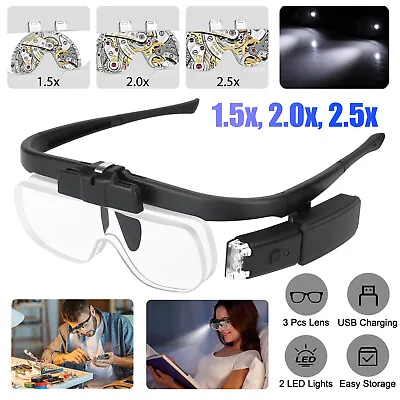 Jewelers Headband Magnifier Reading Repair Magnifying Glasses 3 Lens 2 LED Light • $17.98