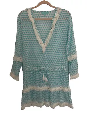 Melissa Odabash Claudia Tile Print Cotton Poplin Cover-Up Dress Fringe Medium • $59.93