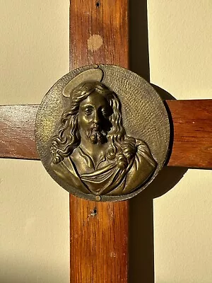 Antique French Wall Crucifix Cross Christ Wood Gold Brass Plaque Face Jesus • £39.99