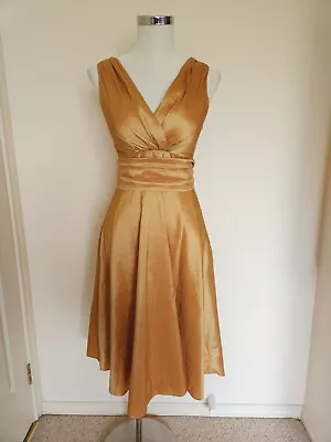 Vintage 2000s Y2K Miss Anne Gold Taffeta 50s Flare Rockabilly Dress Size S (8) • $80