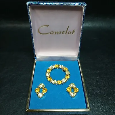 Vintage CAMELOT Pin Brooch Earrings Set Yellow Clear Rhinestones Gold Tone. 9543 • $27.99