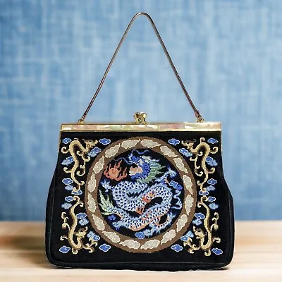 Vintage Chinese Petit Point Purse Blue Dragon Chain Inlaid Mother Pearl Trim Bag • $249.99