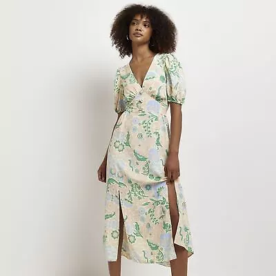 £10 • Buy River Island Womens Midi Dress Yellow Floral Shift Puff Sleeve Stylish Outfit