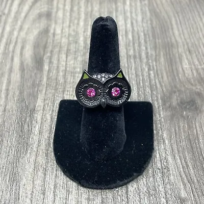 Betsey Johnson Owl Bird Ring Purple Black Pink Stretch Jewel Rhinestone Vintage • $29.99