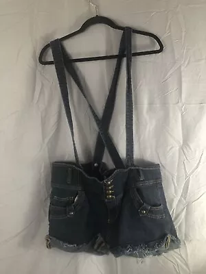 $14.99 • Buy Blue Asphalt Suspender Shorts Women's 15 Cross 4-Button Frayed Cuffed Stretch