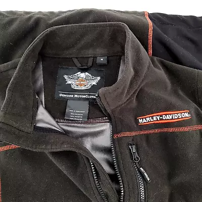 Harley Davidson Men's Black Fleece Full Zip Up Vest Size Medium Orange Logo 03 • $26.95