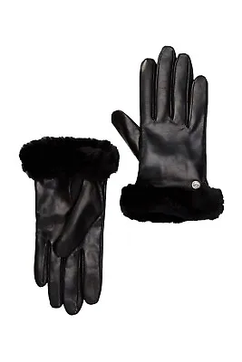 UGG Genuine Dyed Shearling Trimmed Leather Gloves Black Size S • $49.99