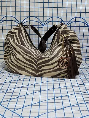 Michael Kors Zebra Print Canvas Hobo Bag Purse Shoulder Leather Trim  • $119.47