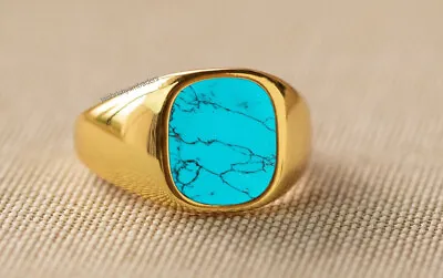 Tibetan Turquoise Sterling Silver Engagement Ring Mens Yellow Gold Ring Vintage • $59.89