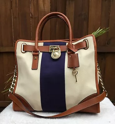 Michael Kors Hamilton Mono Stripe Canvas Leather Large Satchel Tote Shoulder Bag • $36