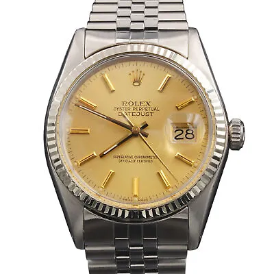 Mens Rolex Datejust Stainless Steel Watch 18K White Gold Bezel Gold Dial 16014 • $4367.98