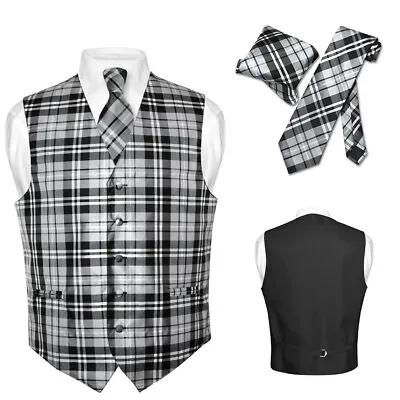 Men's Plaid Design Dress Vest NeckTie Black GRAY White Neck Tie Hanky Suit Tux • $24.95