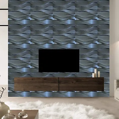 4 Pcs 3D Decorative Interior Wall Panels Plastic Cladding Tiles-50cm Wave Black • £29.99